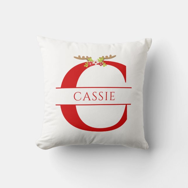 Split Monogram Letter C Xmas Deer Antlers Throw Pillow (Front)