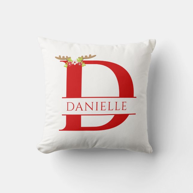 Split Monogram Letter D Xmas Deer Antlers Throw Pillow (Front)