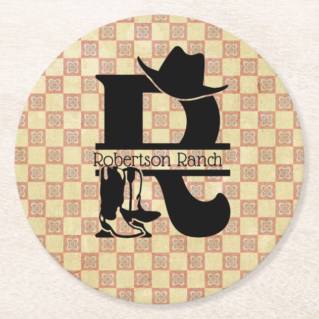 Split 'R' Cowboy Monogram Round Paper Coaster (Front)