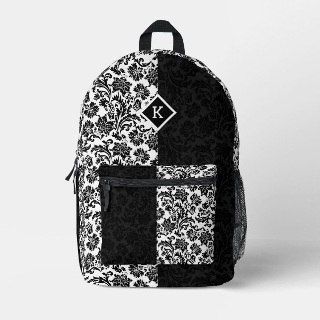 Split Screen Black And White Damask Pattern Printed Backpack (Front)