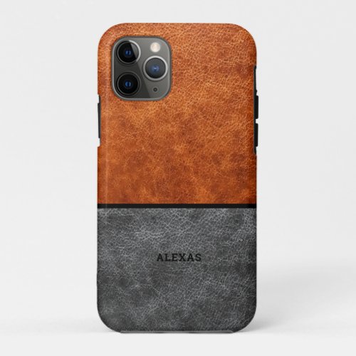 Split screen gray and brown vintage faux leather iPhone 11 pro case