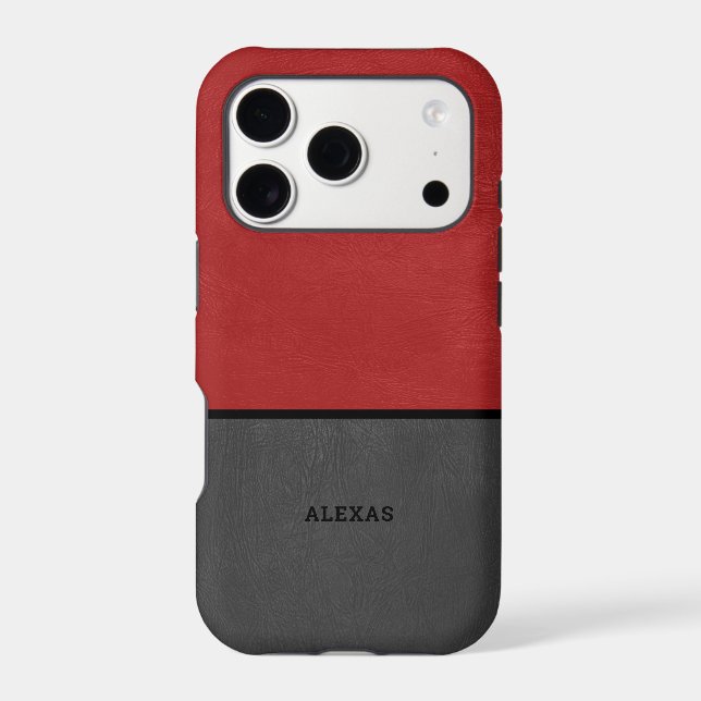 Split screen red and gray faux leather iphone case (Back)