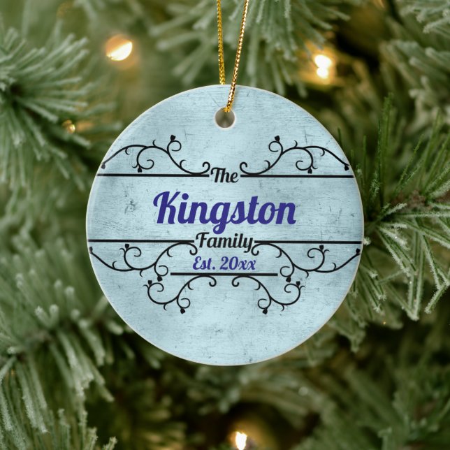 Split Vines Border Personalized Blue Ceramic Ornament (Tree)