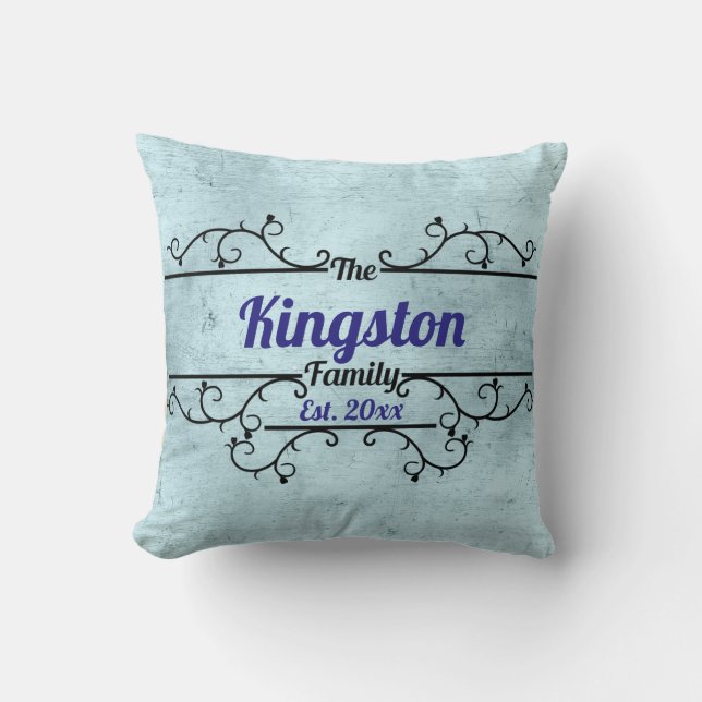 Split Vines Border Personalized Blue Throw Pillow (Front)