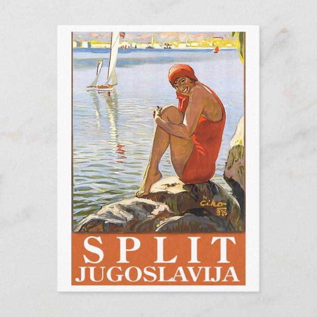 Split, Yugoslavia, girl on the rock by the sea Postcard (Front)