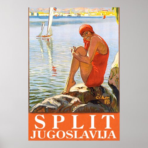 Split Yugoslavia girl on the rock by the sea Poster