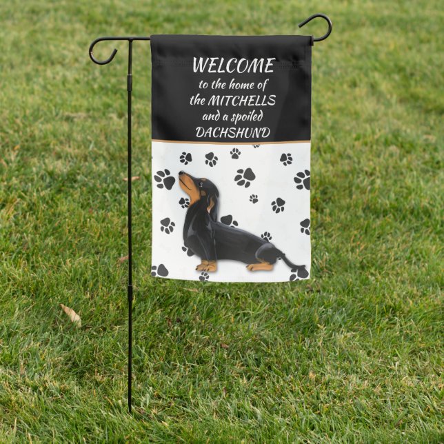 Spoiled Black Dachshund Dog Welcome Garden Flag (In SItu)