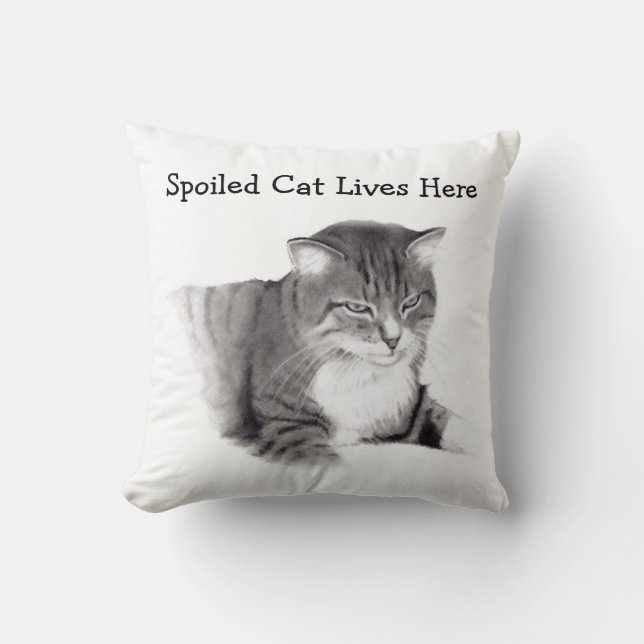 Spoiled Cat Lives Here: Pencil Drawing: Pet Throw Pillow (Front)