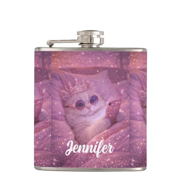 Spoiled Princess Cat Texting in Bed                Flask (Front)