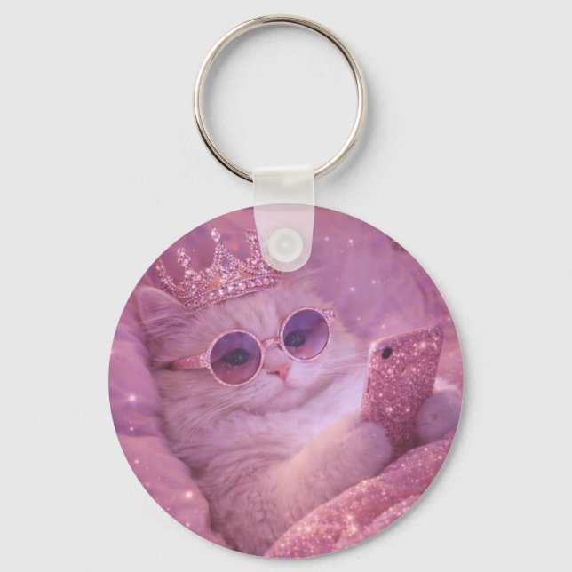 Spoiled Princess Cat Texting in Bed                Keychain (Front)