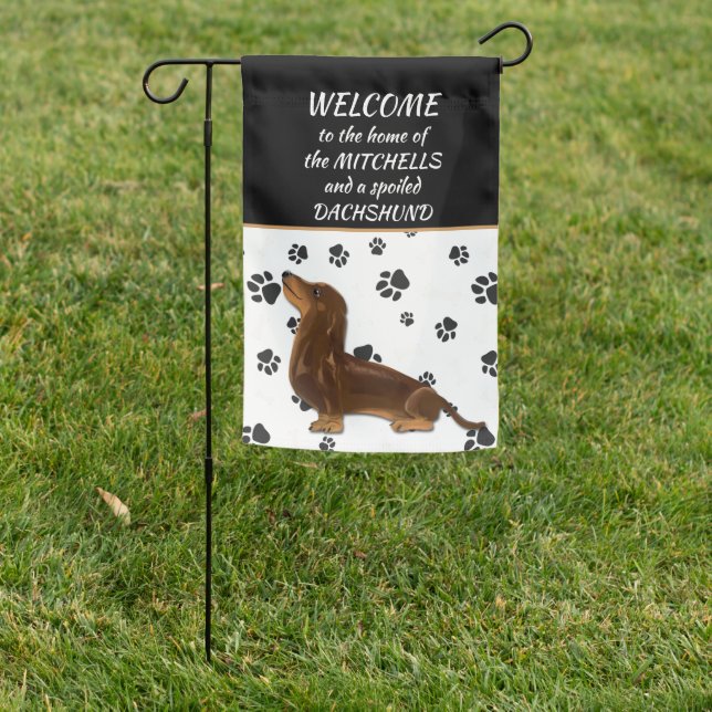 Spoiled Red Dachshund Dog Welcome Garden Flag (In SItu)