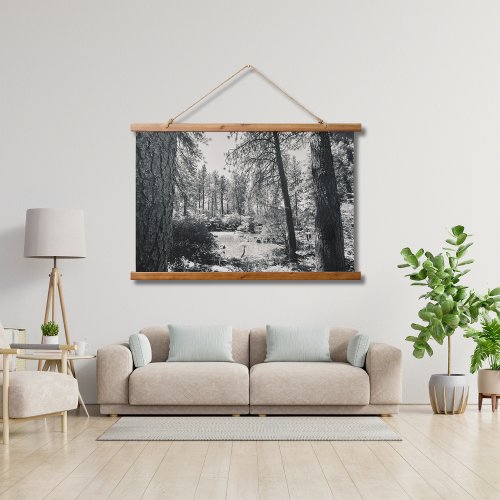 Spokane Garden with Pond  Evergreens in Grayscale Hanging Tapestry