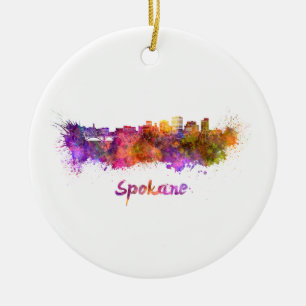 Spokane skyline in watercolor ceramic ornament