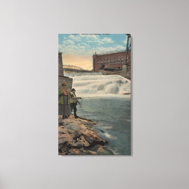 Spokane, WA - Couple Fishing on Lower Falls Canvas Print (Front)