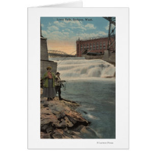 Spokane, WA - Couple Fishing on Lower Falls Cards