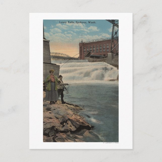Spokane, WA - Couple Fishing on Lower Falls Postcard (Front)