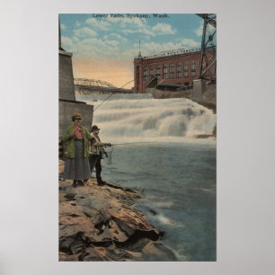 Spokane, WA - Couple Fishing on Lower Falls Poster