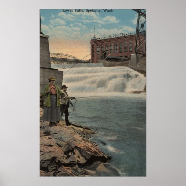 Spokane, WA - Couple Fishing on Lower Falls Poster (Front)