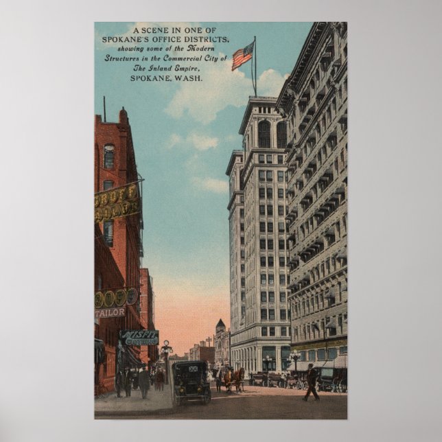 Spokane, WA - Downtown View with Horsecarts Poster (Front)