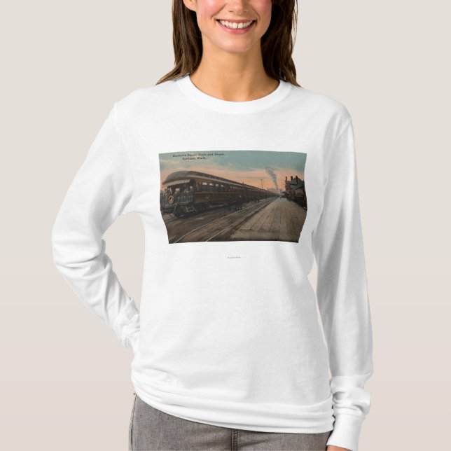 Spokane, WA - View of N. Pacific Train & Depot T-Shirt (Front)