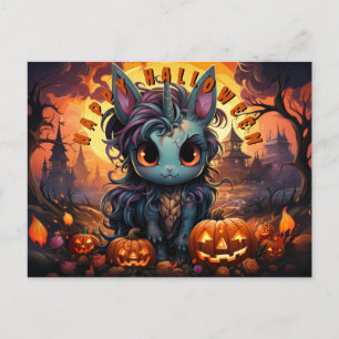 Spoky Halloween Unicorn in Pumpkin Patch Holiday Postcard