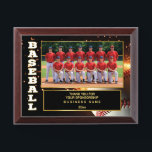 Sponsor Appreciation – Custom Baseball Team Photo  Award Plaque<br><div class="desc">Celebrate your team's season and show appreciation to your sponsors with this dynamic baseball-themed plaque. Featuring a bold black and red background with fiery accents, a large baseball, and space for a full team photo, this design is perfect for end-of-season gifts. Customize the text to include your sponsor’s name and...</div>