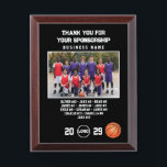 Sponsor Appreciation, Custom Basketball Team Photo Award Plaque<br><div class="desc">Show your gratitude to your team’s sponsor with this fully customizable appreciation plaque. Featuring a vibrant Basketball-themed background, team photo area, and space to personalize with the sponsor's business name and team members' names. A thoughtful keepsake that celebrates the generous support behind the game. Perfect for end-of-season gifts or sponsorship...</div>