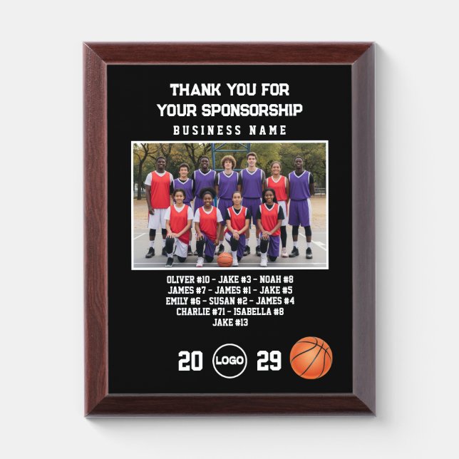Sponsor Appreciation, Custom Basketball Team Photo Award Plaque (Vertical)