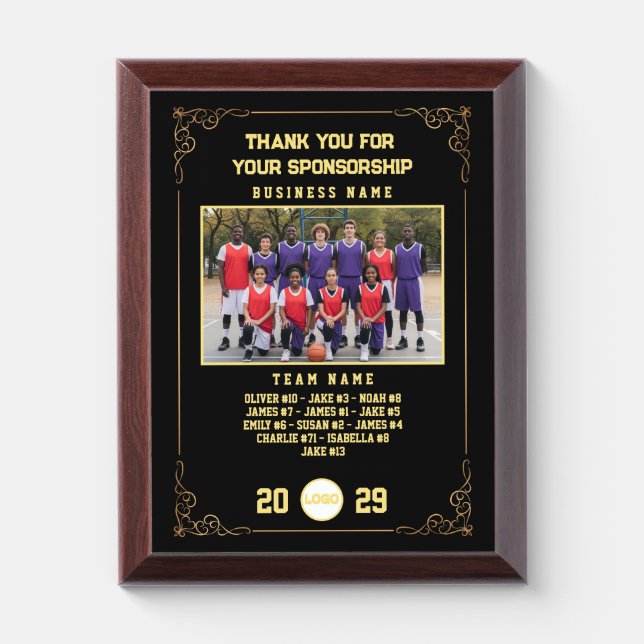 Sponsor Appreciation, Custom Basketball Team Photo Award Plaque (Vertical)