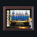 Sponsor Appreciation – Custom Soccer Team Photo Award Plaque<br><div class="desc">Celebrate your soccer team's achievements and thank your sponsors with this bold and customizable design. The word "SOCCER" appears vertically on the left side, emphasizing the theme. A large editable photo area lets you showcase your full team, and a text section allows for personalized sponsor names and the year. The...</div>
