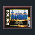 Sponsor Appreciation – Custom Soccer Team Photo Award Plaque<br><div class="desc">Celebrate your soccer team's achievements and thank your sponsors with this bold and customizable design. The word "SOCCER" appears vertically on the left side, emphasizing the theme. A large editable photo area lets you showcase your full team, and a text section allows for personalized sponsor names and the year. The...</div>