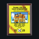 Sponsor Appreciation – Custom Softball Team Photo  Award Plaque<br><div class="desc">Show your gratitude to your team’s sponsor with this fully customizable appreciation plaque. Featuring a vibrant softball-themed background, team photo area, and space to personalize with the sponsor's business name and team members' names. A thoughtful keepsake that celebrates the generous support behind the game. Perfect for end-of-season gifts or sponsorship...</div>