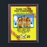Sponsor Appreciation – Custom Softball Team Photo  Award Plaque<br><div class="desc">Show your gratitude to your team’s sponsor with this fully customizable appreciation plaque. Featuring a vibrant softball-themed background, team photo area, and space to personalize with the sponsor's business name and team members' names. A thoughtful keepsake that celebrates the generous support behind the game. Perfect for end-of-season gifts or sponsorship...</div>