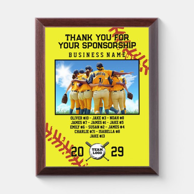 Sponsor Appreciation – Custom Softball Team Photo  Award Plaque (Vertical)