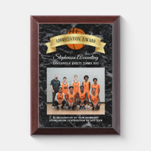 Sponsorship Appreciation Team Sponsor Basketball Award Plaque