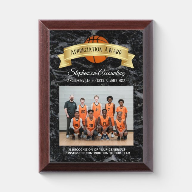 Sponsorship Appreciation Team Sponsor Basketball  Award Plaque (Vertical)