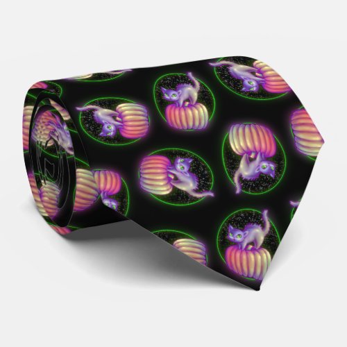 Spooked Halloween Cat On Pumpkin Drawing Neck Tie