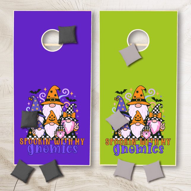 Spookin’ With My Gnomies: Retro Halloween Friends Cornhole Set (Get festive with spookin' with my gnomies — a Halloween friends design full of humor and charm.)
