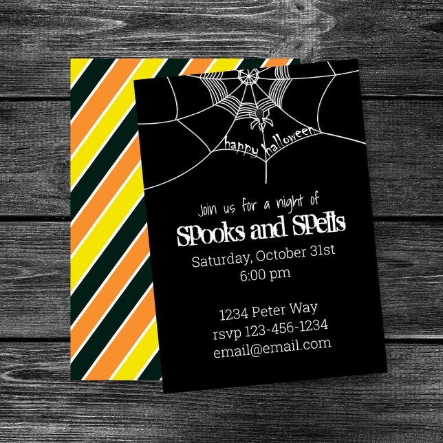 Spooks and Spells Spider Web Halloween Party Theme Invitation (Spooks and Spells Halloween party design with spider web and spooky black background.)