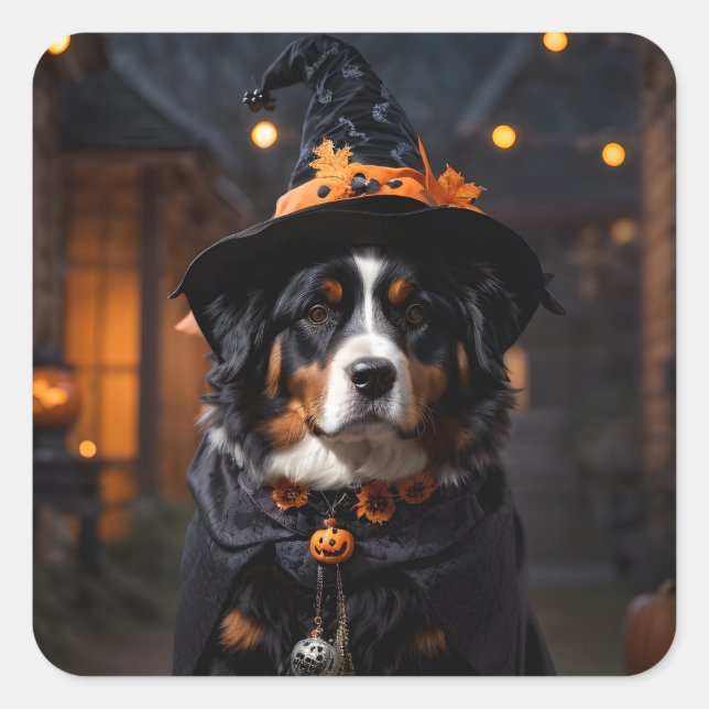 Spooktacular Bernese Dog: A Halloween Howl-o-Ween Square Sticker (Front)