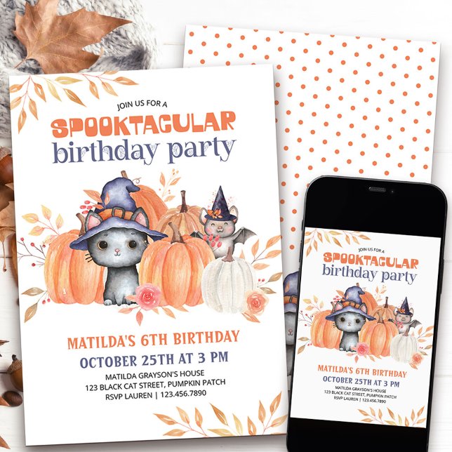 Spooktacular Black Cat Pumpkin Patch Birthday Invitation (Cute Spooktacular Birthday invitation with black cat and pumpkins)