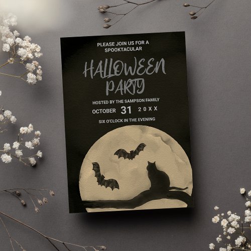 Spooktacular Black White Cat Bats Moon Halloween Invitation