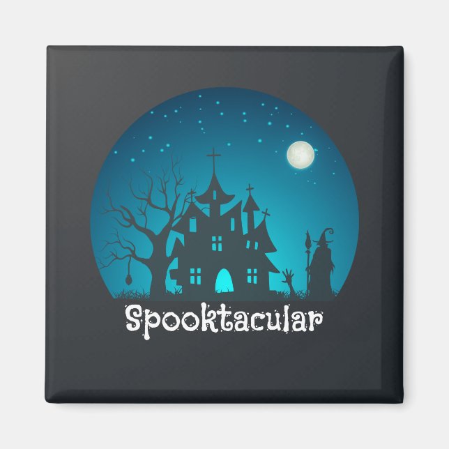 Spooktacular Blue and Black Haunted House Magnet (Front)