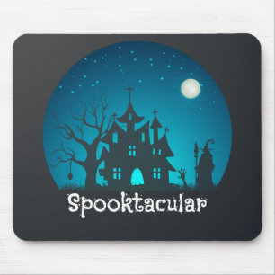 Spooktacular Blue and Black Haunted House Mouse Pad