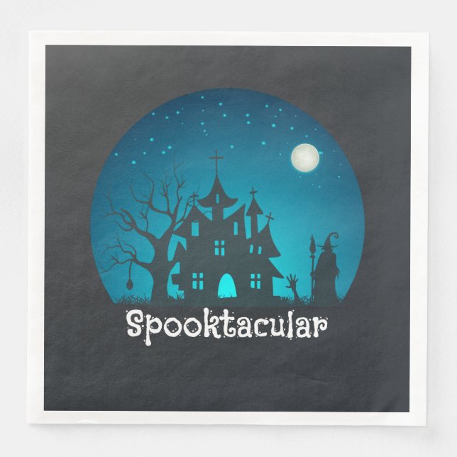 Spooktacular Blue and Black Haunted House Paper Dinner Napkins (Front)