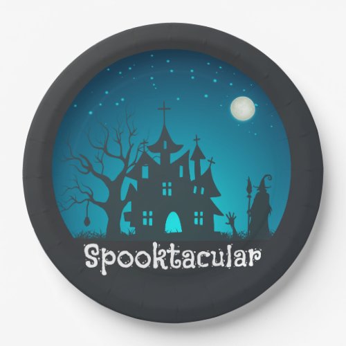 Spooktacular Blue and Black Haunted House Paper Plates