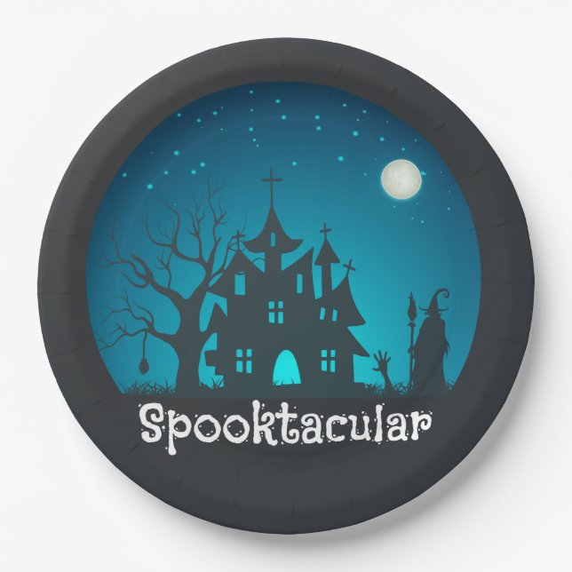 Spooktacular Blue and Black Haunted House Paper Plates (Front)