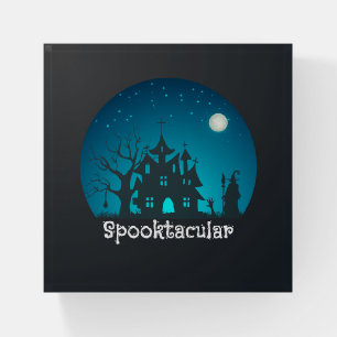 Spooktacular Blue and Black Haunted House Paperweight