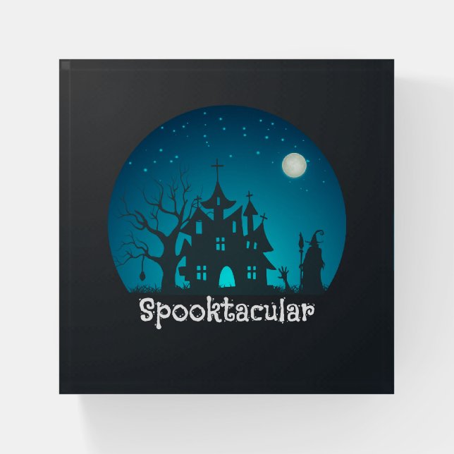Spooktacular Blue and Black Haunted House Paperweight (Front)