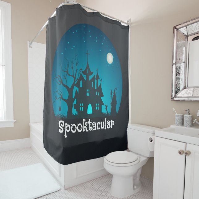 Spooktacular Blue and Black Haunted House Shower Curtain (In Situ)